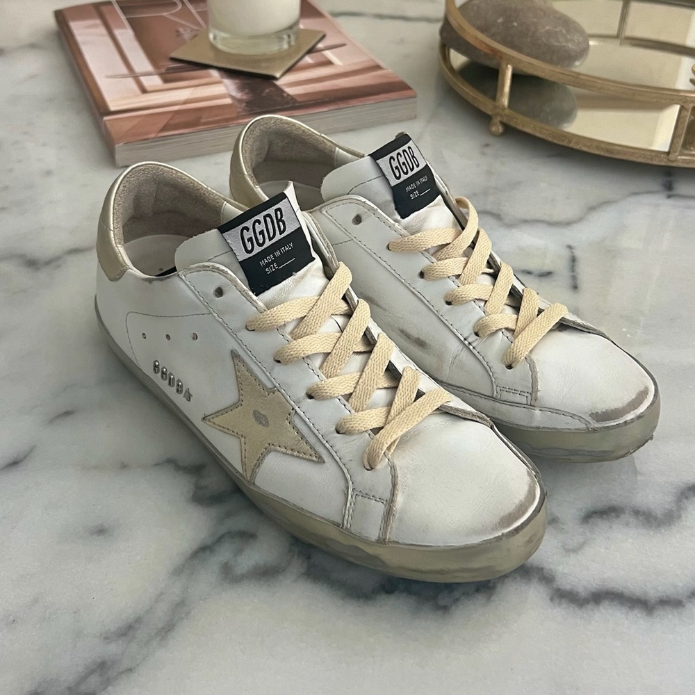 Golden Goose Women’s Superstar with Gold Sparkle Foxing and Metal Stud Lettering
